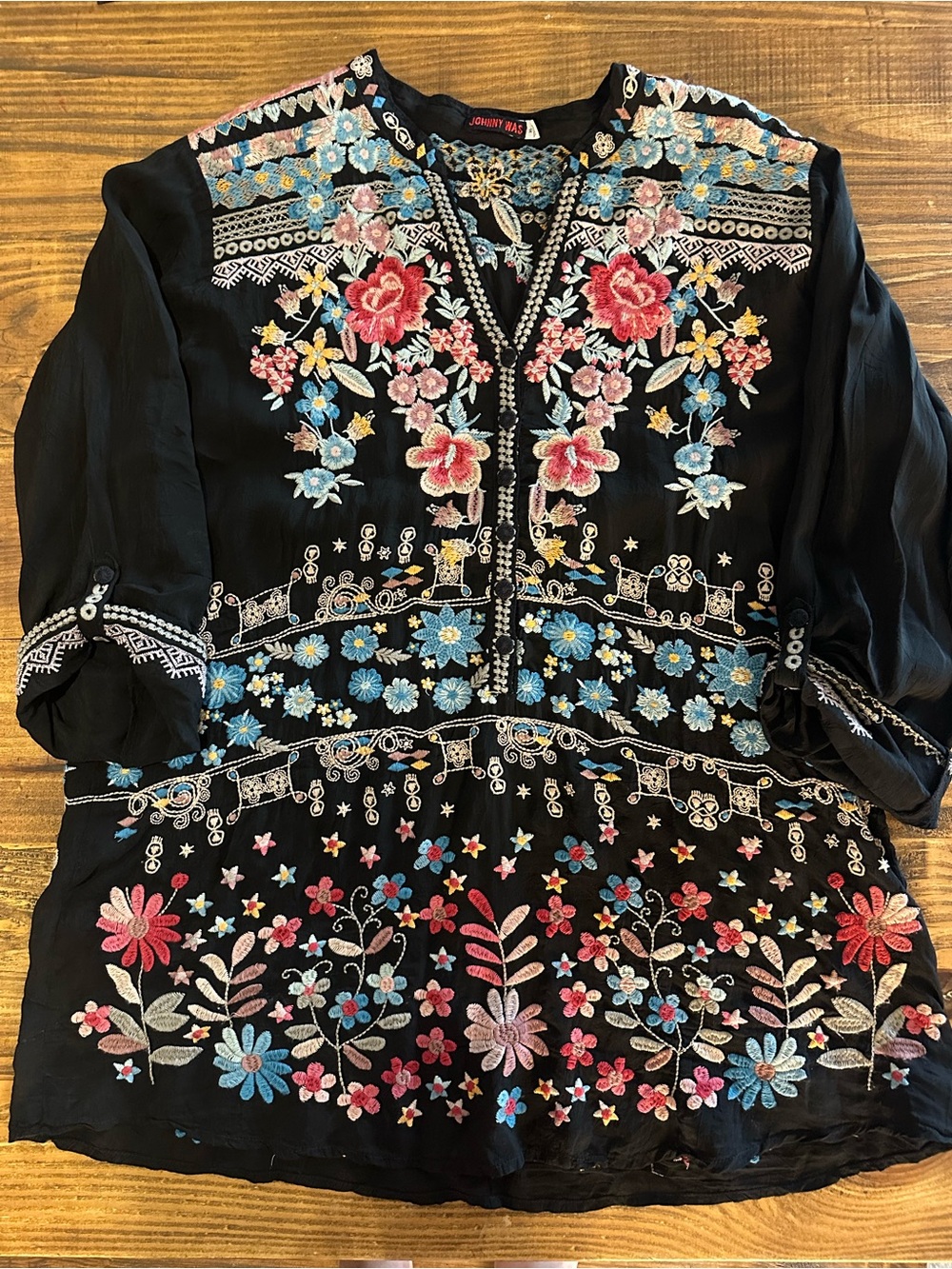 Johnny Was Black Embroidered Floral Boho Blouse